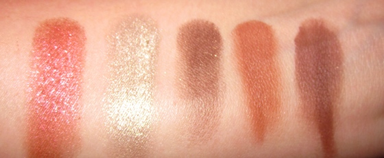 From left to right: Milani baked eyeshadow in "I Heart You" and Maybelline Cozy Cashmere on the right.